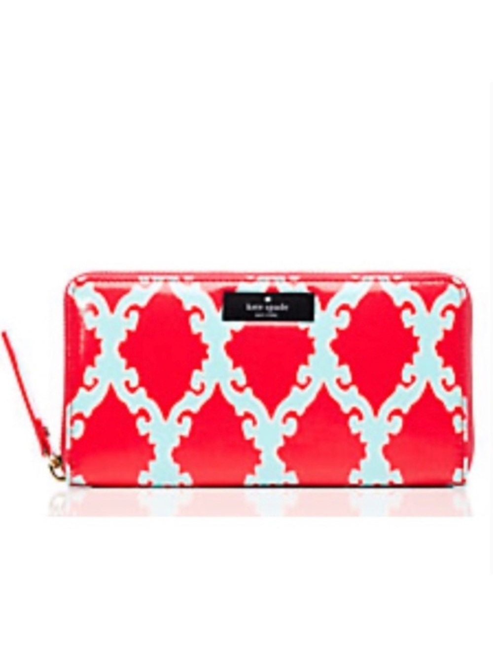 Kate Spade Neda Daycation Zip Wallet in Coral Red Turquoise Blue Trellis Tile